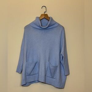 LOFT Blue Turtleneck Sweater Oversized Cozy Knit Pocket Detail Soft Chic